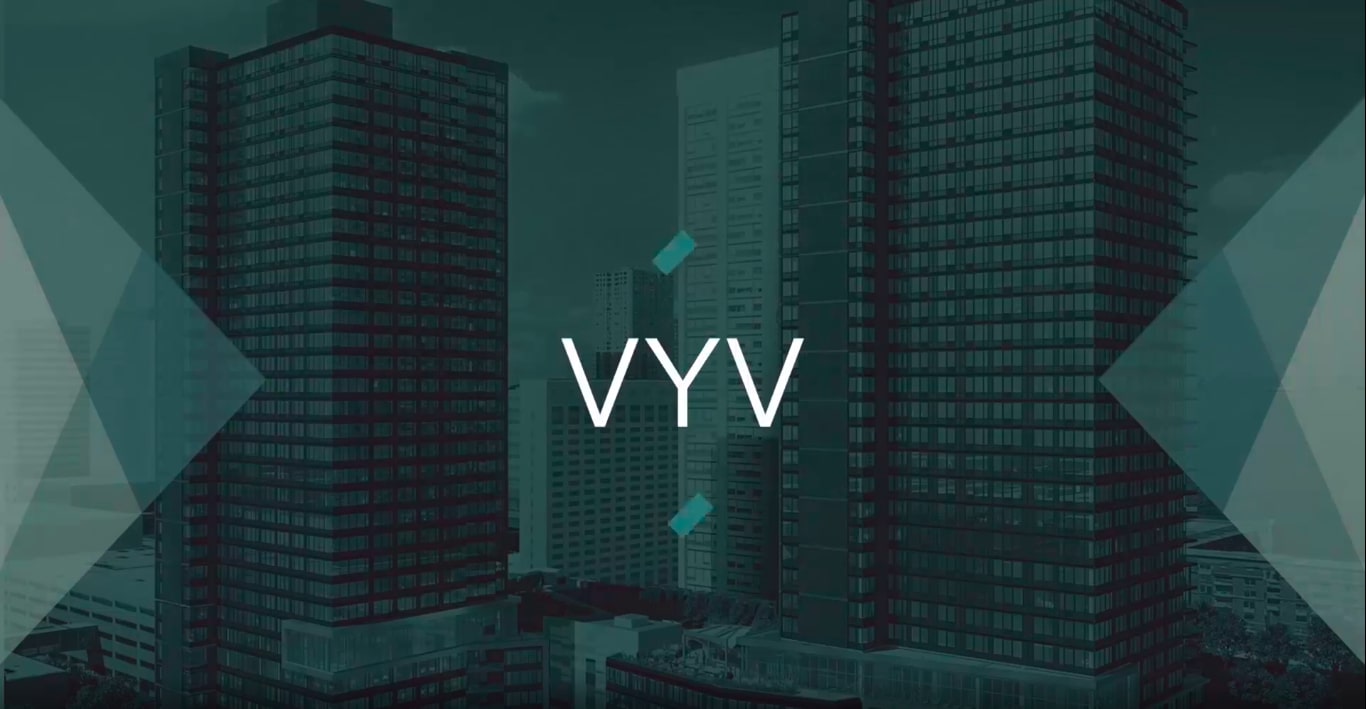 exterior image of north and south towers with VYV logo overlay