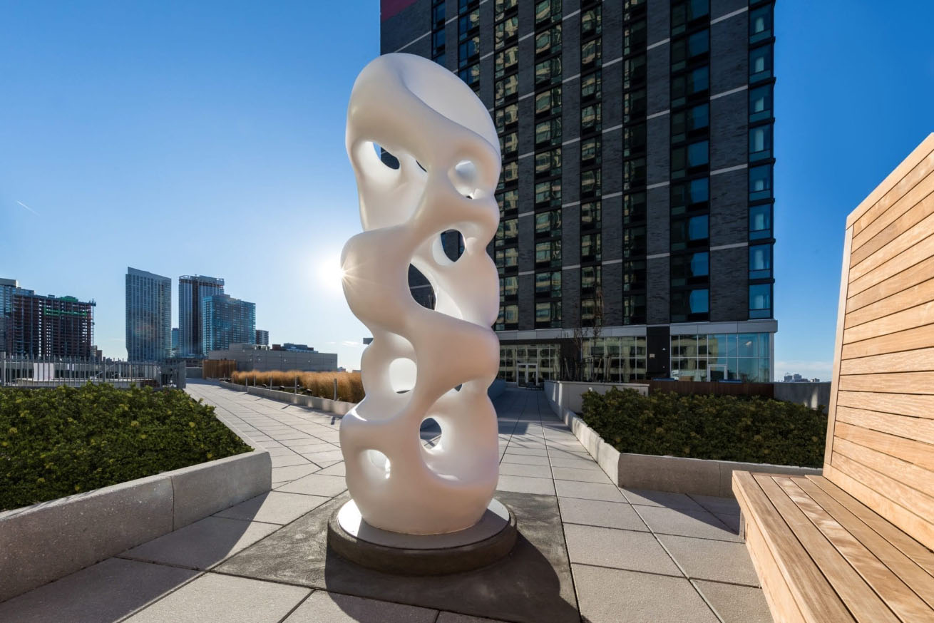 white-artwork-sculpture art and garden on roof deck of vyv apartment in jersey city